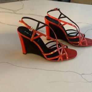 Prada Vero Cuoio iridescent red patent leather strappy wedges women’s 7